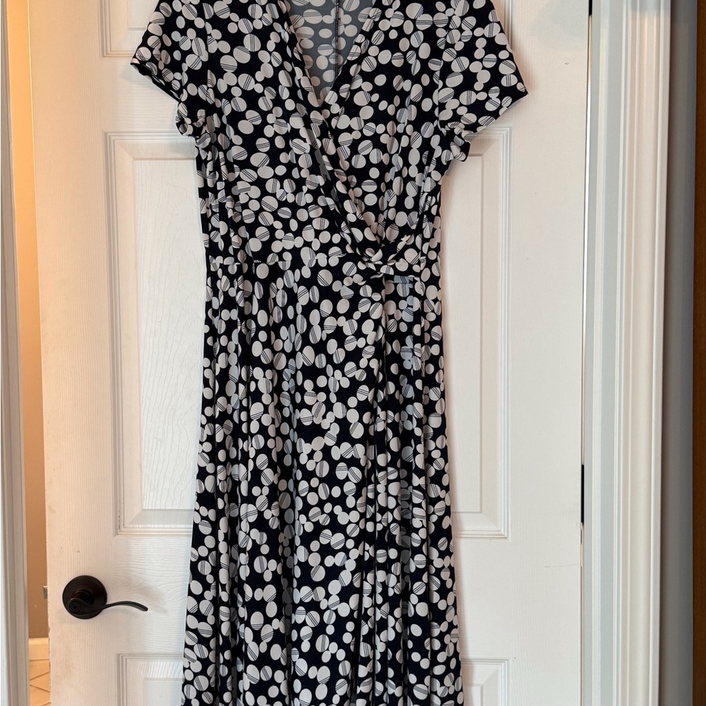 Elegant Navy and White Polka Dot Wrap Dress